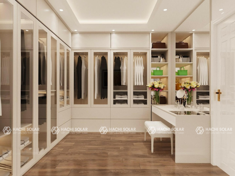 Tủ quần áo chữ L kết hợp bàn trang điểm là giải pháp nội thất thông minh và tiện lợi cho phòng ngủ của mình