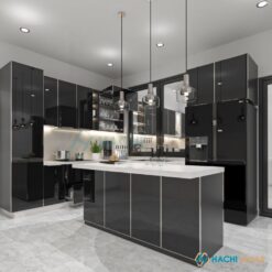 Mẫu tủ bếp sử dụng chất liệu cánh kính màu đen bóng sang trọng