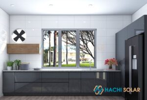 Mẫu tủ bếp không có tủ trên với các hộc tủ bếp dưới nhỏ gọn