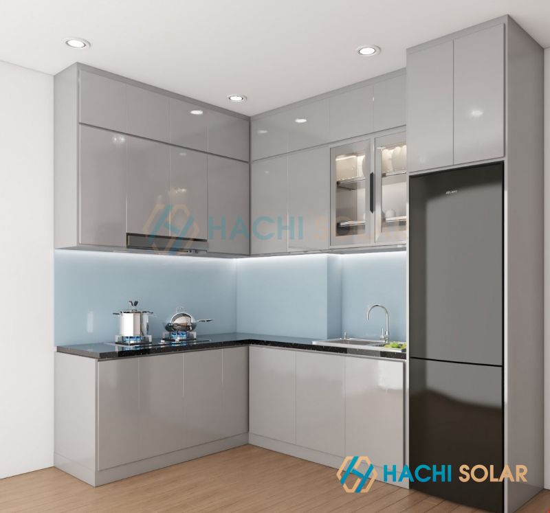 Mẫu tủ bếp đơn giản đẹp thiết kế sát trần, chất liệu nhôm kính giá tốt