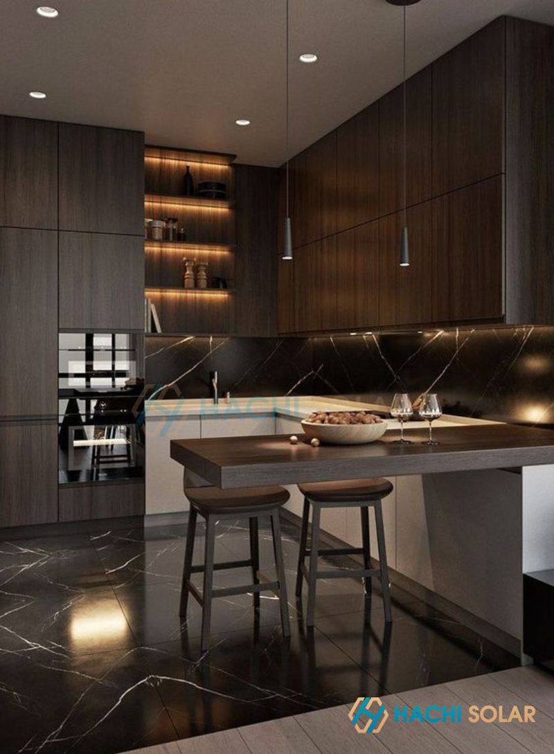 Tủ bếp nhôm nội thất cao cấp với thiết kế quầy bar đảo bếp tiện dụng