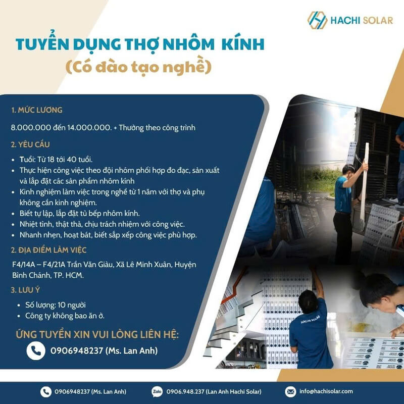 Việc làm nhôm kính 2025 lương cao tại công ty Hachi Solar