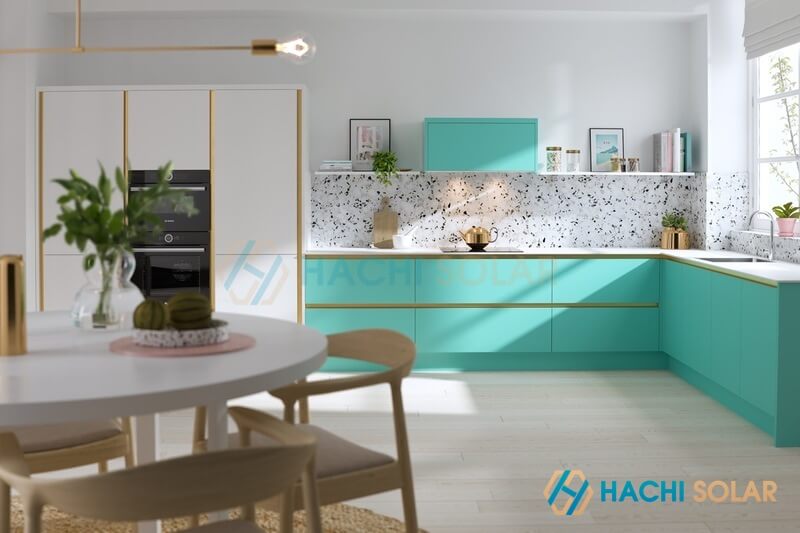 Tủ bếp màu xanh mint là gam màu nội thất hiện đại, mang lại cảm giác tươi mới sảng khoái cho không gian bếp