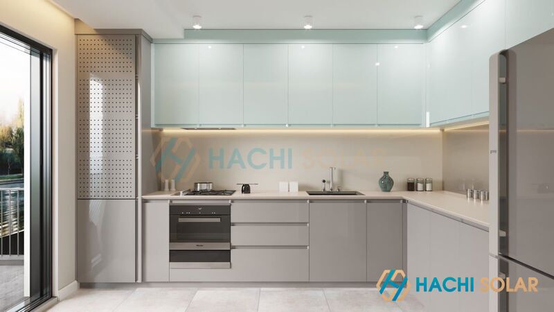 Phối màu tủ bếp với màu xanh mint nhẹ nhàng ấm cúng